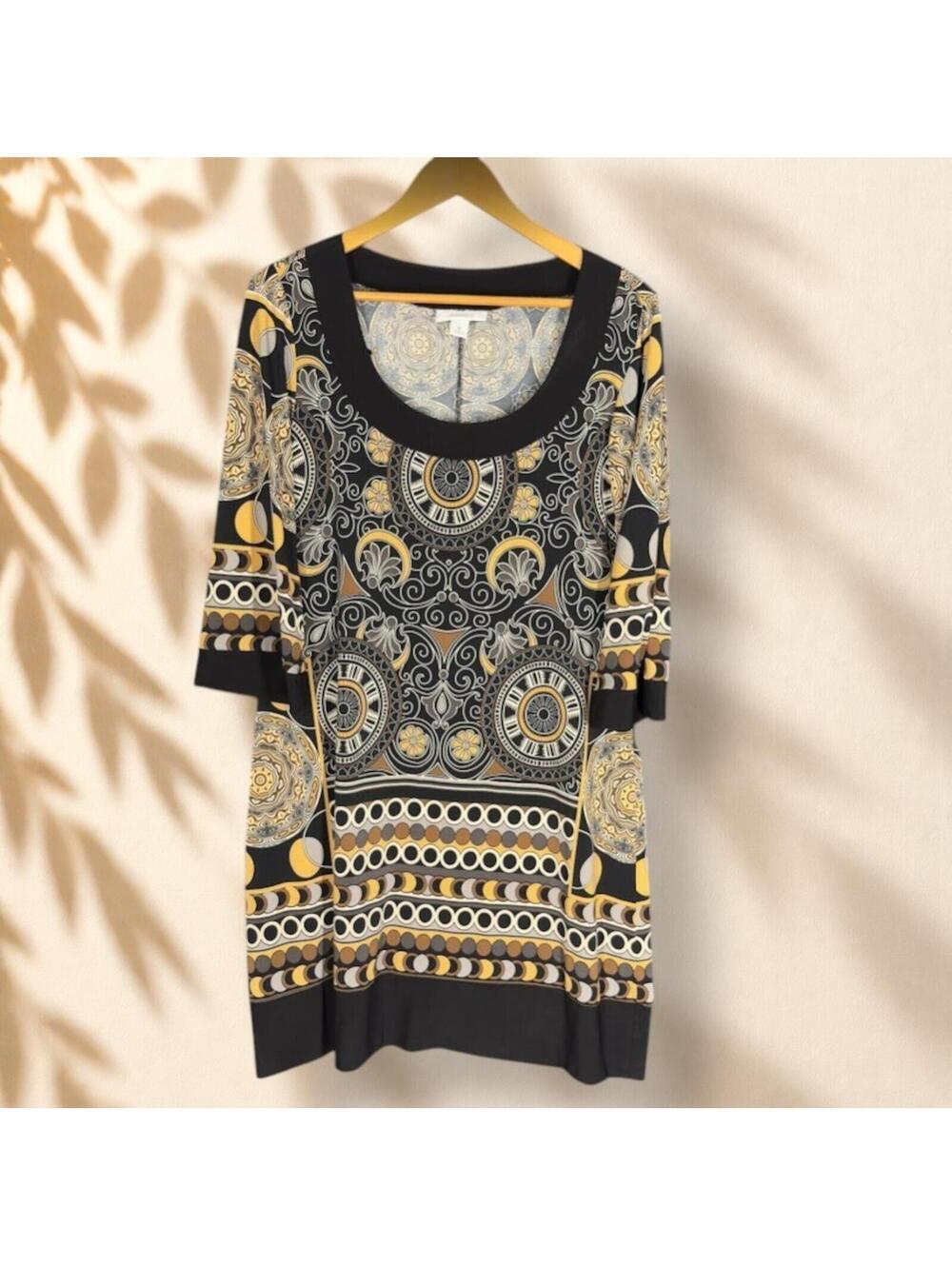 Dressbarn Dress Women M Medium Black Geometric Shift Short 3/4 Sleeve Casual